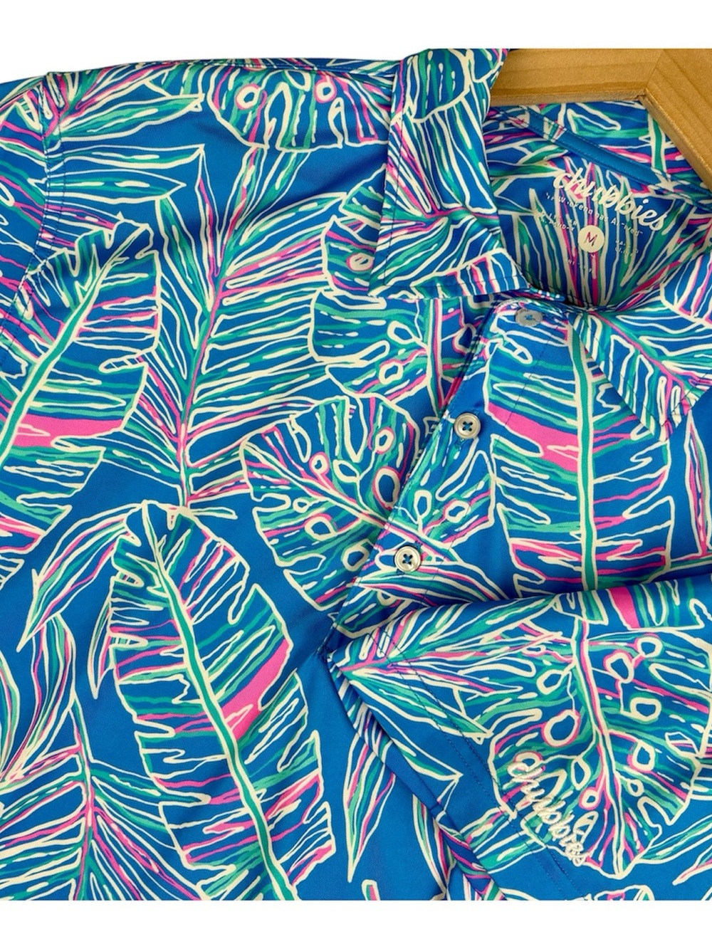 Chubbies Polo Shirt Mens Medium Blue Tropical Fern Leaves Cruise It Or Lose It